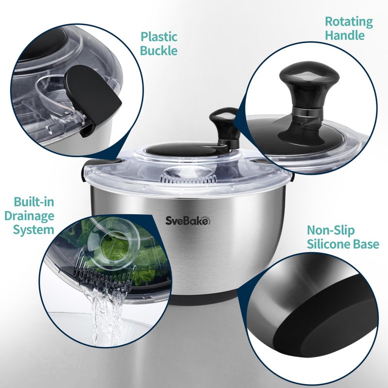 SveBake Stainless Steel Salad Spinner, 4.2 Qt Vegetable Washer, BPA-Free Lettuce Dryer with Crank Design, Dishwasher Safe, Non-Slip Base - Transparent Lid - Image 4